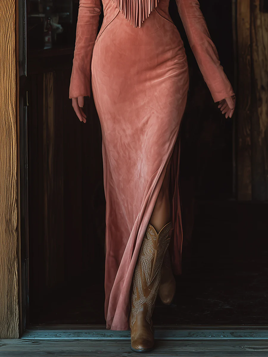 Vintage Western Tassel Embroidered Pink Faux Suede Dress